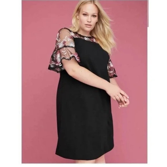 LANE BRYANT Mesh Floral Embroidered Ruffle Sleeve Black Shift Dress Size 12 - Picture 11 of 11